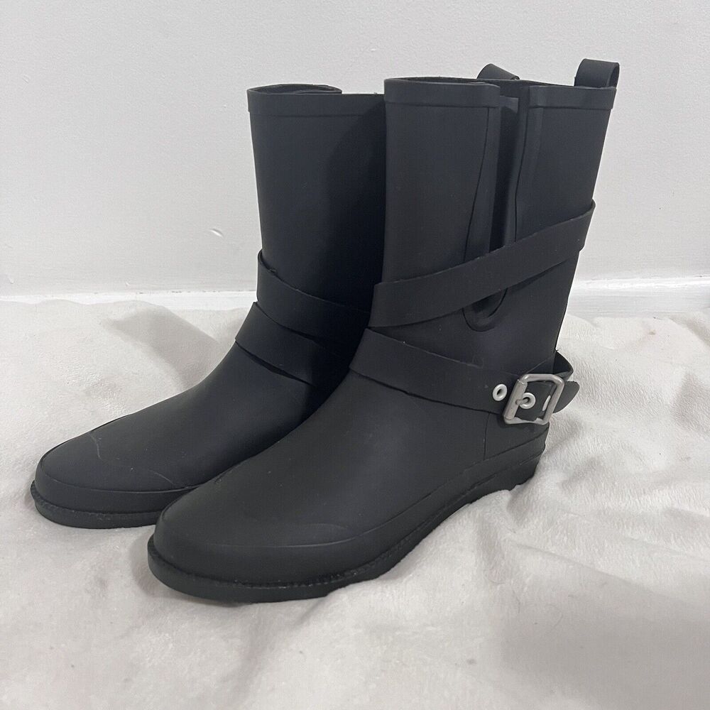 Dirty Laundry‎ Women Rainboots Black Mid Calf Double Buckle Round Toe Pull On 8